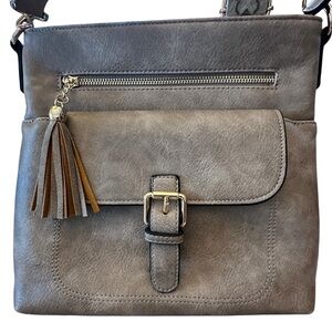 Cream Tan Beige Taupe medium sized Vegan Crossbody Bag with Guitar strap